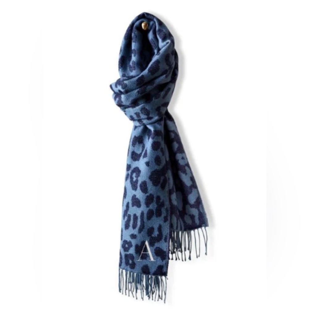 Mark and Graham navy leopard blanket scarf with fringe.